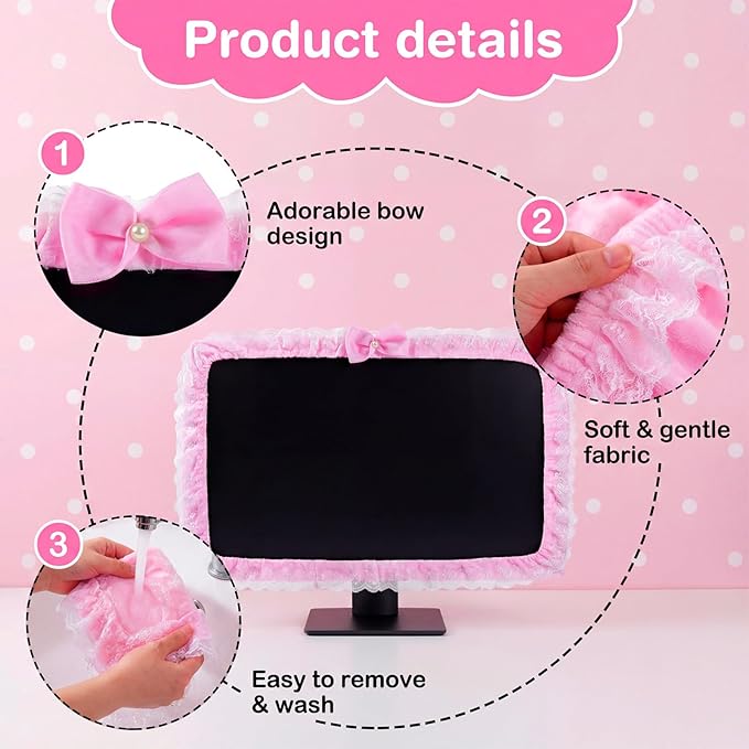 BowKnot Pink Monitor Cute Computer Monitor Cover Dust Cover Protector Lovely Computer Accessories PC Covers Elastic for 23''-26'' LCD TV PC Laptop Screen Decoration