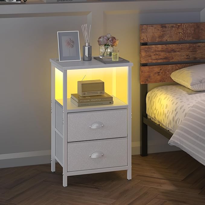 sthmec Nightstand with Charging Station, LED Night Stand Set 2, Bedside Table End Tables Set of 2, Bedroom Tables with 2 Fabric Drawers PU Finish, 3-Tier Storage Side Table for Bedroom,White