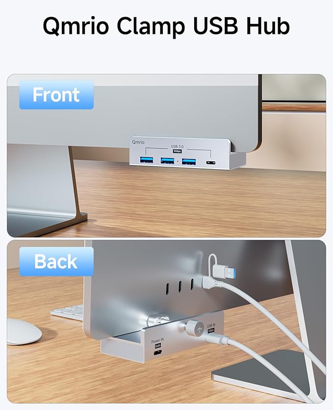 USB Hub 3.0, 5Gbps Clamp USB Hub for Desk/Monitors with Extra Power Supply Port, 3 USB-A Data Ports, USB-C Data Port for iMac Pro/iMac (Silver)