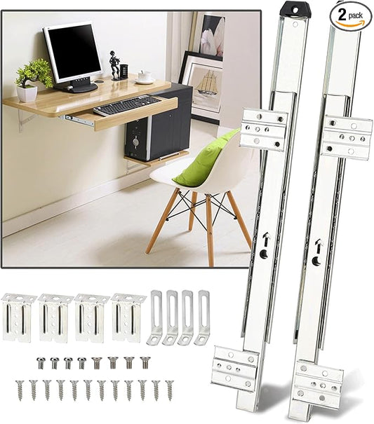 14" Keyboard Slide Heavy Duty Ball Bearing Slides Computer Tray Under Desk Rails Rack Cabinet Furniture Drawer Hardware Accessories with Adjustable Height Bracket & L Extension Support Bracket(Sliver)