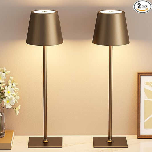 Kakanuo Brown Cordless Rechargeable Table Lamp 5000mAh Battery Operated Lamps, 3 Colors Stepless Dimming Touch Lamp for Living Room, Kitchen Counter, Dining, Outdoor Patio, 2 Pack