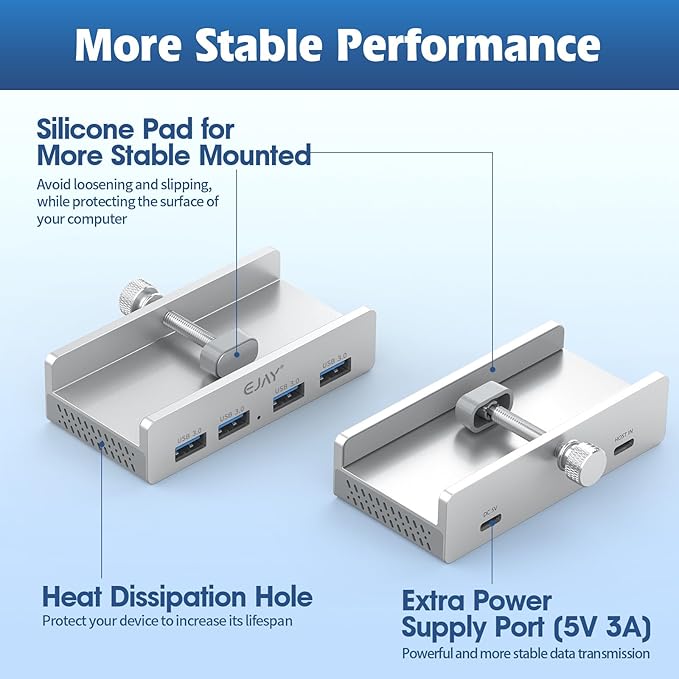 EJAY USB 3.0 Hub with Adjustable Clamp, 4-Port Powered Hub for iMac, PC, Laptop(59inches Data & 39inches Power Cables)
