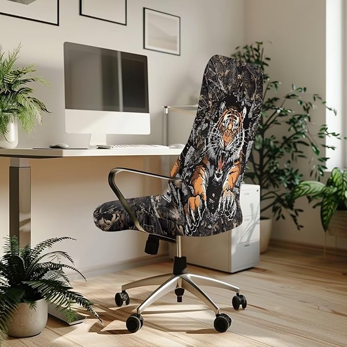 Talayituse Tiger Camo Print Water Resistant Stretch Computer Office Chair Cover Universal Removable Rotating Boss Chair Slipcovers Anti-dust Soft Desk Chair Seat Protector for Dogs Cats Pets, S