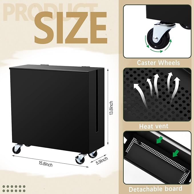 Briwooody Extra Large Cable Management Box with Caster Wheels Adjustable Cord Hider Box for Power Strip Metal Router Hider Organizer Surge Protector Storage Organizer for Office, Home(Black)