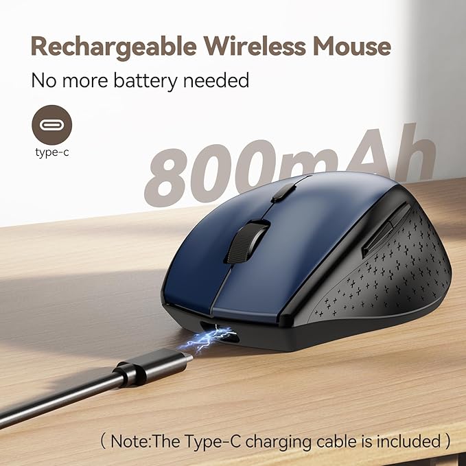 TECKNET Rechargeable Mouse with Jiggler, Plug & Play, 2.4G Connection with USB-C Adapter, Silent Mouse Quiet Click, 6400 DPI Ergonomic Mouse, Cordless Computer Mice for Laptop, Desktop, PC