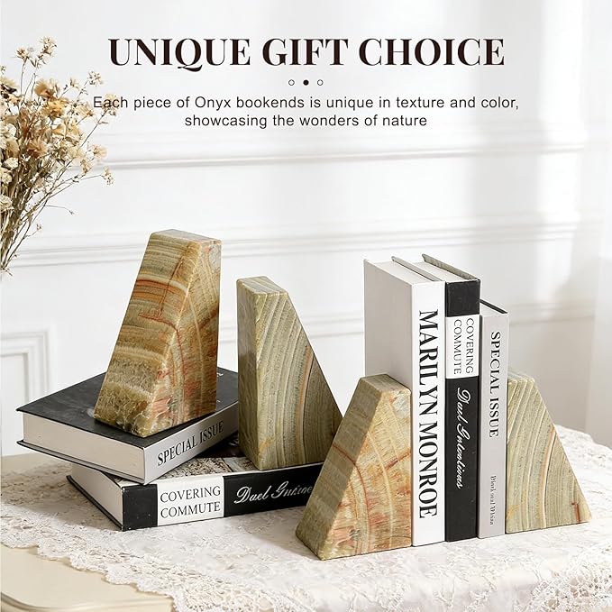 Koville Onyx Bookends, Marble Bookends for Shelves, Natural Stone Book Ends for Heavy Books, Decorative Bookends for Bookshelf Table Home Decor, Heavy Duty bookend for Large Books(Green)