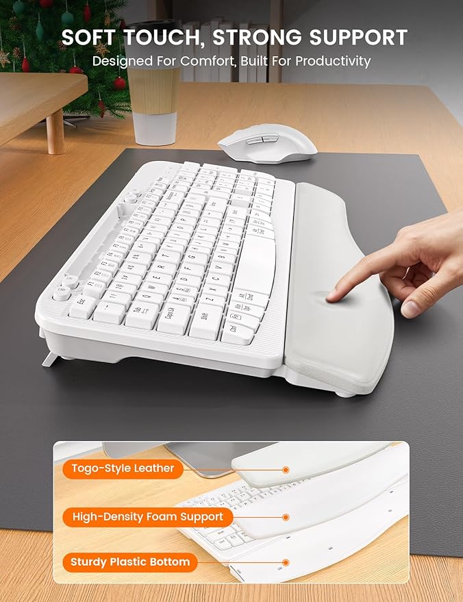 SABLUTE Wireless Keyboard and Mouse Combo, Ergonomic Wave Keys, Cushioned Palm Rest, Rechargeable, Phone Holder, Natural Typing, 2.4G Lag-Free, MA22 Plus Full Size Keyboards Set for Windows/Mac, White