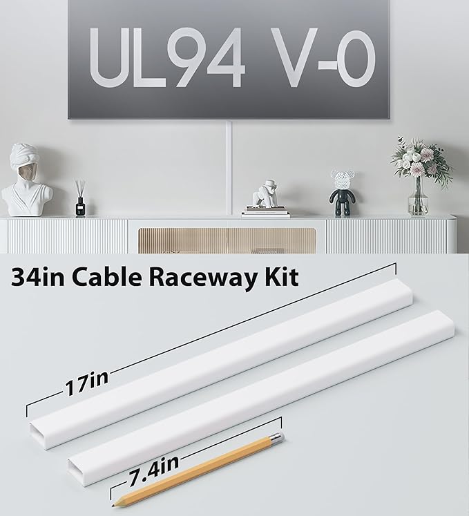 34in (2xL17in) Large Wire Hiders for TV on Wall for 3-4 Cords, TV Cord Hider for Wall Mounted TV, PVC Cable Cover Kit with Pre-Applied Adhesive Tape, Ideal for Wall Mounted TVs, W1.2in H0.7in White