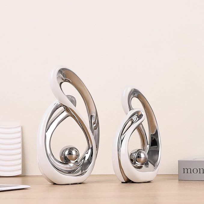 Abstract Ceramic Statue Set of 2, White and Silver Home Decor, Modern Art Living Room Decor, Room Accessories tv cabinets Bookshelves dividers Dining Table centerpieces, Foyer Entry Decor.