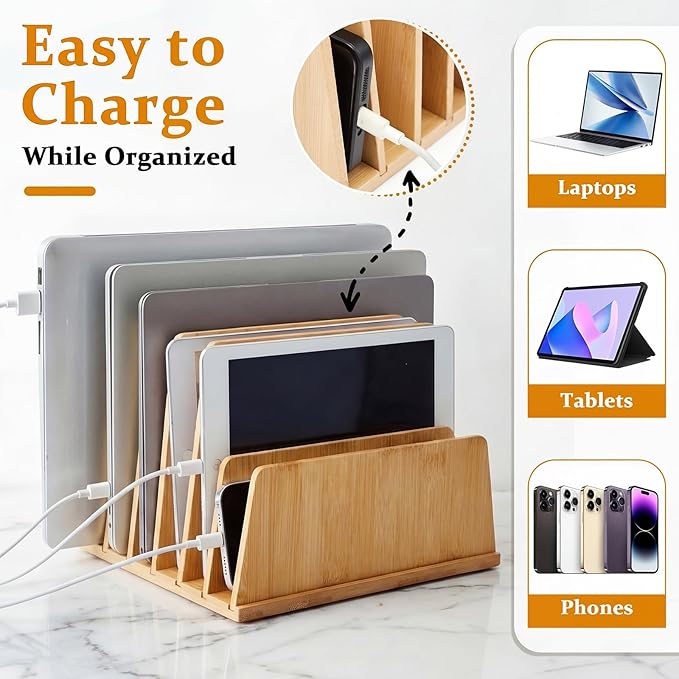 Unittype Bamboo Multi Device Organizer, 7 Slots Vertical Laptop Storage Rack, Computer Charging Station for Smartphones, Tablets and Laptops, Space Saving Organizer for Home Office