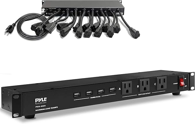 Pyle 19 Outlet 1U 19" Rackmount PDU Power Distribution Supply Center Conditioner Strip Unit Surge Protector 15 Amp Circuit Breaker 4 USB Multi Device Charge Ports 15FT Cord, Black - PCO865