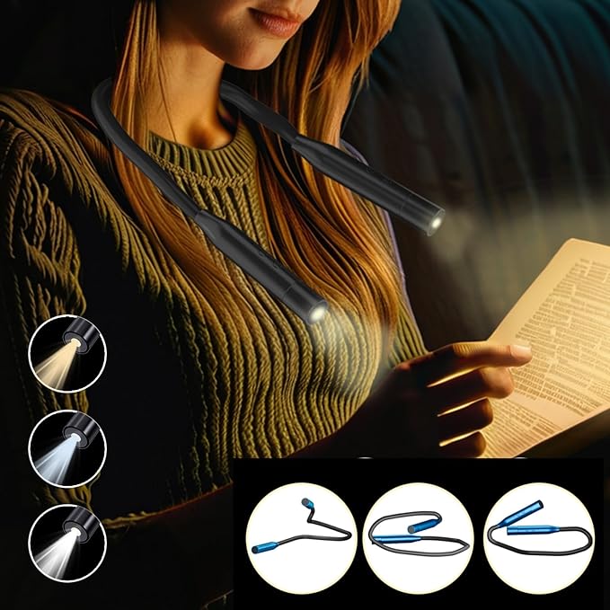 2 PCS LED Neck Reading Lights, 3 Color & 3 Brightness Options, 380° Adjustable Rechargeable Reading Lights for Books in Bed, Black Book Accessories, Ideal for Reading, Knitting, Repairing