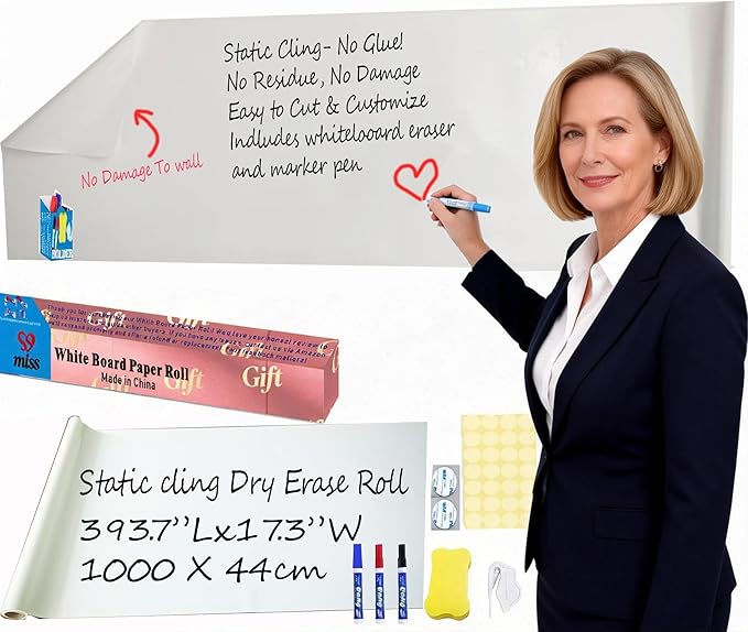 17.3"x393.7" White Board Paper Roll - Dry Erase Board Alternative,No Glue Static Cling White Board Sticker for Wall, Glass, School & Office | Easy-to-Install Portable Dry Erase Paper