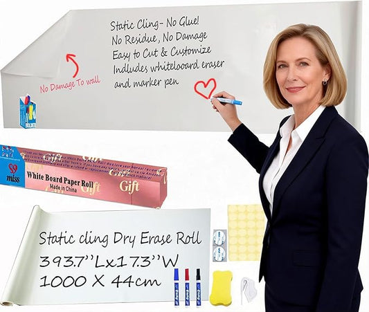 17.3"x393.7" White Board Paper Roll - Dry Erase Board Alternative,No Glue Static Cling White Board Sticker for Wall, Glass, School & Office | Easy-to-Install Portable Dry Erase Paper