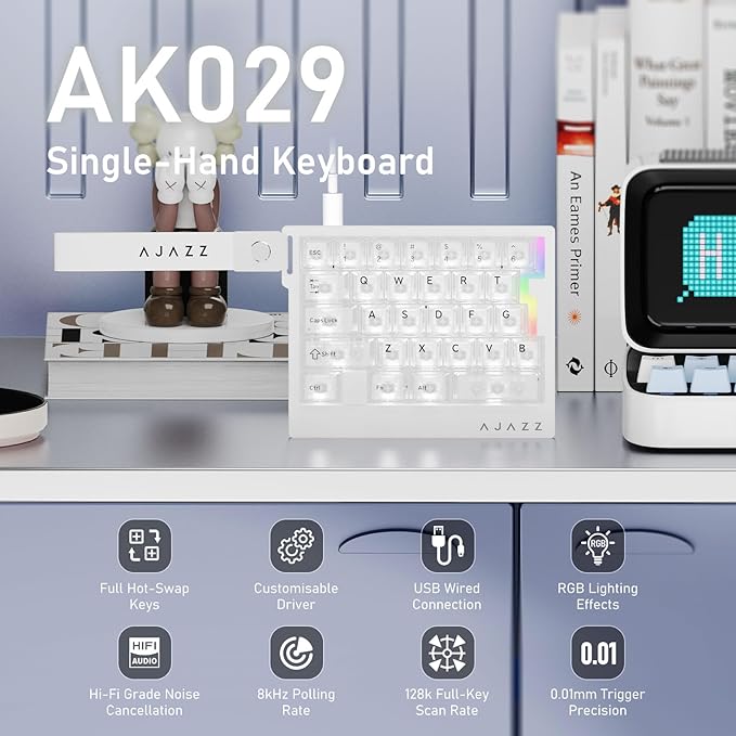 AJAZZ AK029 Wired One Handed Gaming Keyboard,Magnetic Switch, Adjustable Trigger Force, 8KHz Polling, 29 Keys Rapid Fast Mechanical Keyboard, RGB Backlight, SOCD & DKS, Aluminum Plate