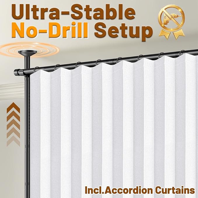 AJAZZ Privacy Curtains for Room Divider with Blackout & Soundproof (White, W100 x L96 in, 1 Panel)+ No Drill Curtain Rod(H) 43-120×(W) 35-100 in, Wall Divider for Bedroom/Studio/Office Curtain