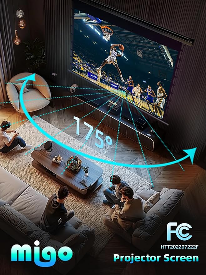 MIGO 150 Inch Pull Down Projector Screen,with Grey Crystal 2.0 Gain Partial Ambient Light Projector Screen Wall/Ceiling Mount for Ultra Short Throw Projector Movie Home Theater Cinema(Black Housing)