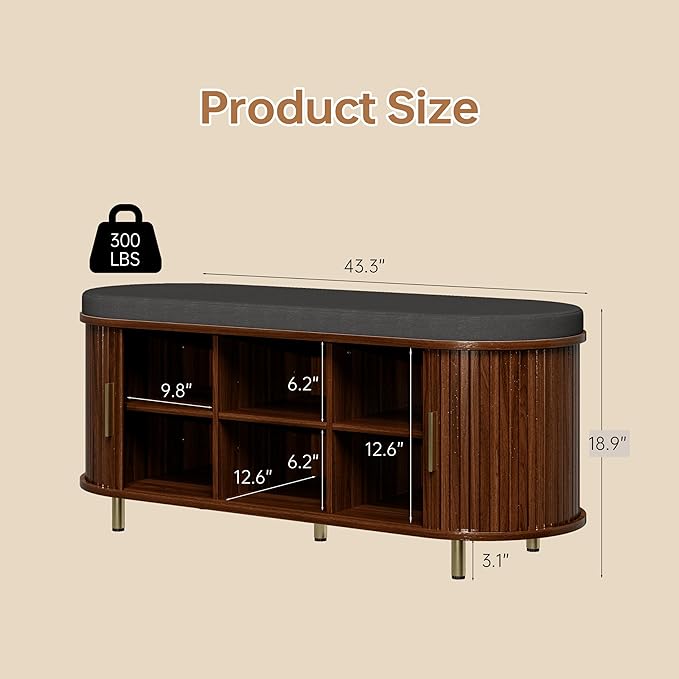 DHH 2-Tier Storage Bench,Wide Shoe Bench with Thickened Padded Seat Cushion, Mid Century Modern Fluted Sliding Door and Adjustable Shelf, for Entryway, Living Room, Bedroom (Walnut, 43.3“)