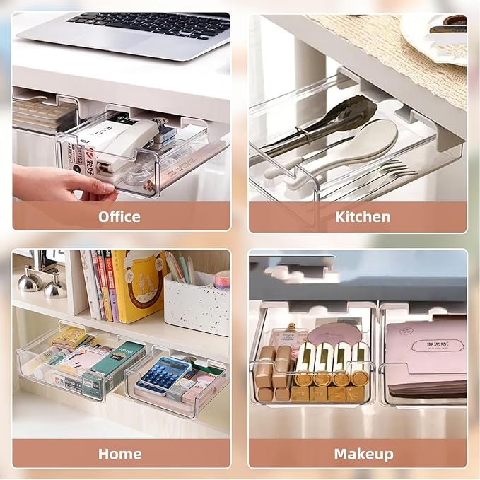 TooCust 2 Pack Under Desk Storage Drawers Slide Out-Drill-On or Self-Adhesive,Large&Medium Drawer Under Desk Organizer Under Table Drawer for Home Office School Organization and Storage