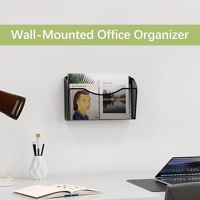 EasyPAG Wall File Organizer, Metal Mesh Hanging File Folder Holder for Letter/A4 Size Folders, Vertical Wall Mount Mail Sorter for Office Paperwork, Classroom, Black