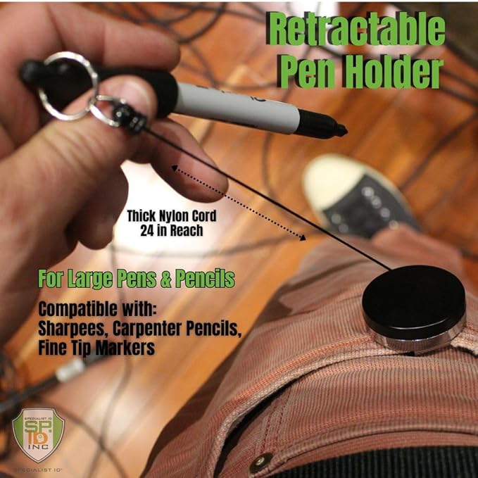 5 Pack - Heavy Duty Retractable Pull Pen Holder - Ideal for Markers & Carpenter Pencils - Nylon Cable, Self Retracting Reel & Tight Metal Belt Clip Retractable Carpenter Pencil Holder by Reel-N-Rite