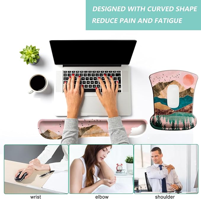 Keyboard Wrist Rest Pad Mouse Pad with Wrist Support Set of 3, Gaming Mousepad with Non-Slip Rubber Base, Ergonomic Memory Foam Mouse Cushion Support for Home Office Laptop Computer, Sunrise