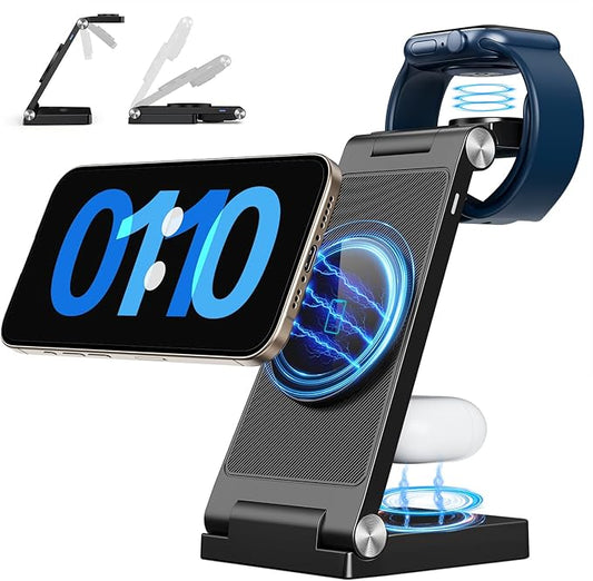 2026 Traveling Wireless Mag-Safe Fast Charging Station,Magnetic 3 in 1 Charger with Light for iPhone 17 16 15 14 13 12 Pro Max Plus,Apple Watch Series & Air pods 4 3 2 Pro-Gifts for Wife & Husband