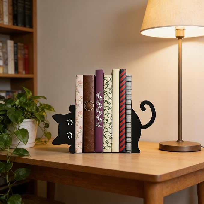 Peekaboo Cat Bookends for Shelves, Cute Black Metal Decorative Book Ends, Heavy Duty Rustproof Book Stoppers for Home Office & Study Desk, Ideal Gift for Cat Lovers & Book Lovers