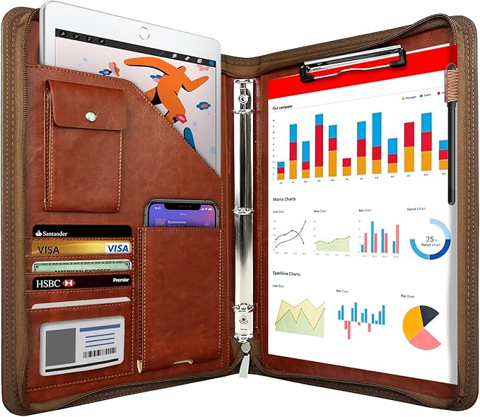 Zippered Portfolio Organizer, WRIYES Leather Padfolio with 3 Ring Binder, Professional Business Binder, Organizer for IPad/Document, Phone & Business Cards, Office Gifts for Men or Women (Brown)