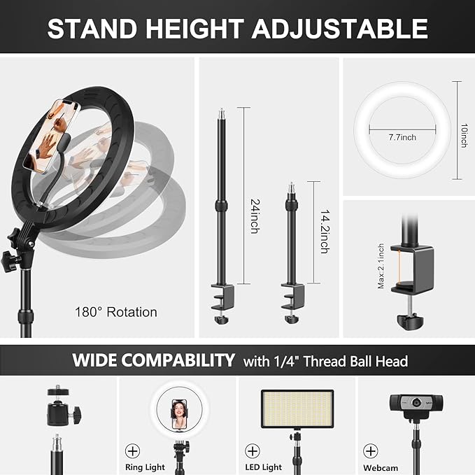 Ring Light for Computer Video Conferencing Recording/Zoom Meeting-10'' Desk Ring Light with Mount Stand,Stream Lights with 14.2-24 in Adjustable Clamp Stand & Phone Holder for Webcam/Camera