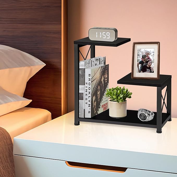 Desk Shelf Organizer, 3-Tier Wood Desk Bookshelf, Small Tabletop Book Shelf, Adjustable Display Rack for Office Decor and Desk Accessories,Rustic Black