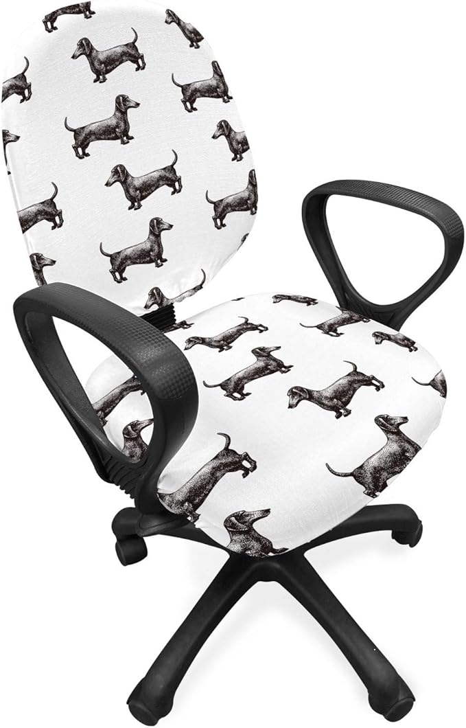 Ambesonne Dachshund Office Chair Slipcover, Pattern Lines with Sausage Dog Looking Different Directions, Protective Stretch Decorative Fabric Cover, Standard Size, Grey White