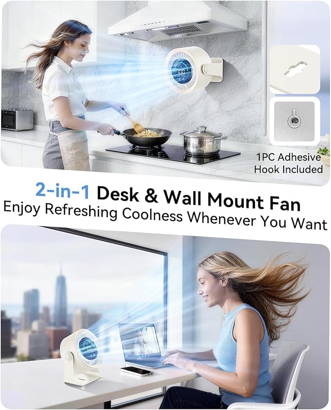 DIGIX Rechargeable USB Desk Fan for Bedroom, 100 Speeds, 360° Rotation, Wall Mounted Design Small Portable Table Fan with LED Display, Quiet Personal Desktop Cooling Fans for Home Office (White)