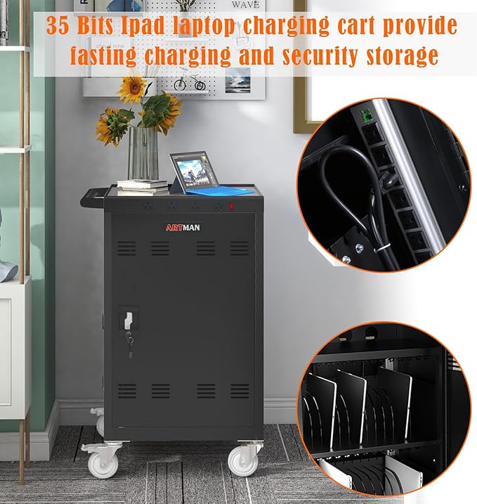 36-Bay Mobile Laptop Cart & Chromebook Charging Station - Heavy-Duty Locking Cabinet for 17" Screens, Laptop Storage Rack for Multiple Laptops/Tablet, Ideal for Schools, Offices, Hospitals (Black)