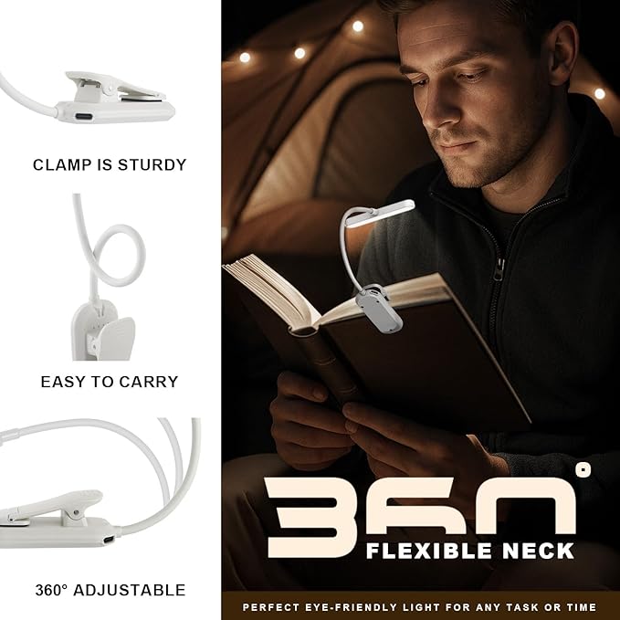 Rechargeable Book Lights for Reading at Night 25 LED - Eye Caring 15 Level Stepless Dimming, Extended 90Hrs Runtime, Lightweight Clip on Light, Gifts for Book Lovers, White