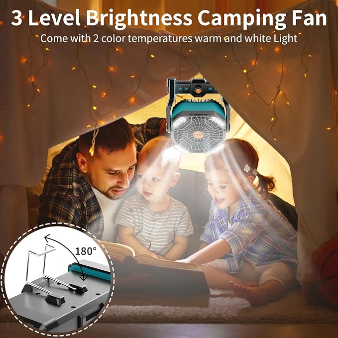 WESTTREE 20000mAh Battery powered fan Camping essentials,Rechargeable fan Portable Battery Operated Tent with Light & Hook X26A Cyan