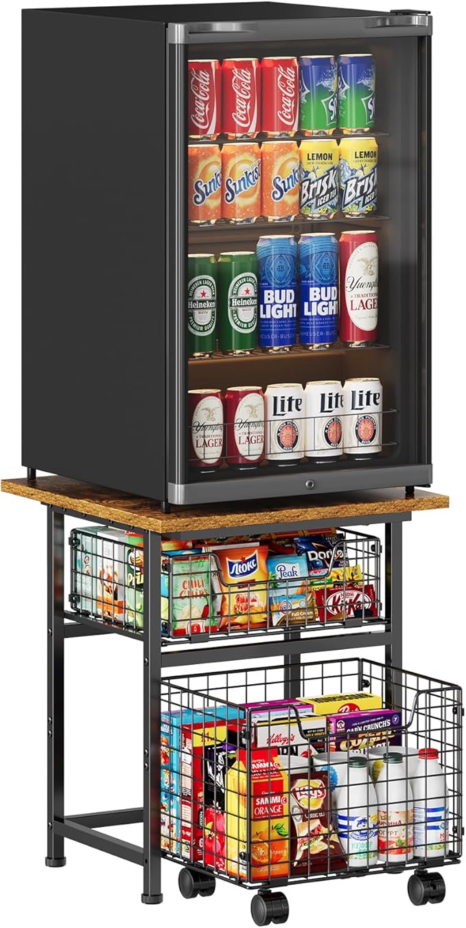 Mini Fridge Stand with Storage, Small Refrigerator Stand with 2 Drawers, Mini Fridge Shelf Cabinet-Max Load 400 LBS Heavy Microwave Stand Mini Fridge Cart for Dorm, Apartment, Kitchen, (Brown)