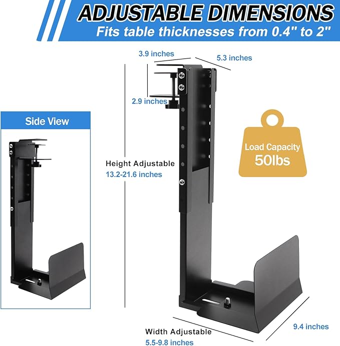 Adjustable Clamp Mount on Desk for PC Tower - No Drilling, Height Adjustable from 13.2" to 21.6", Width Adjustable from 5.5" to 9.8", Heavy Duty Under Desk Computer Mount, Computer Mount for Desk