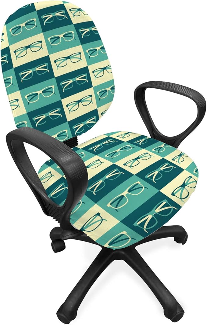 Ambesonne Indie Office Chair Slipcover, Pattern with Eyeglasses in Vintage Style Hipster Cool Design Modern, Protective Stretch Decorative Fabric Cover, Standard Size, Green Blue