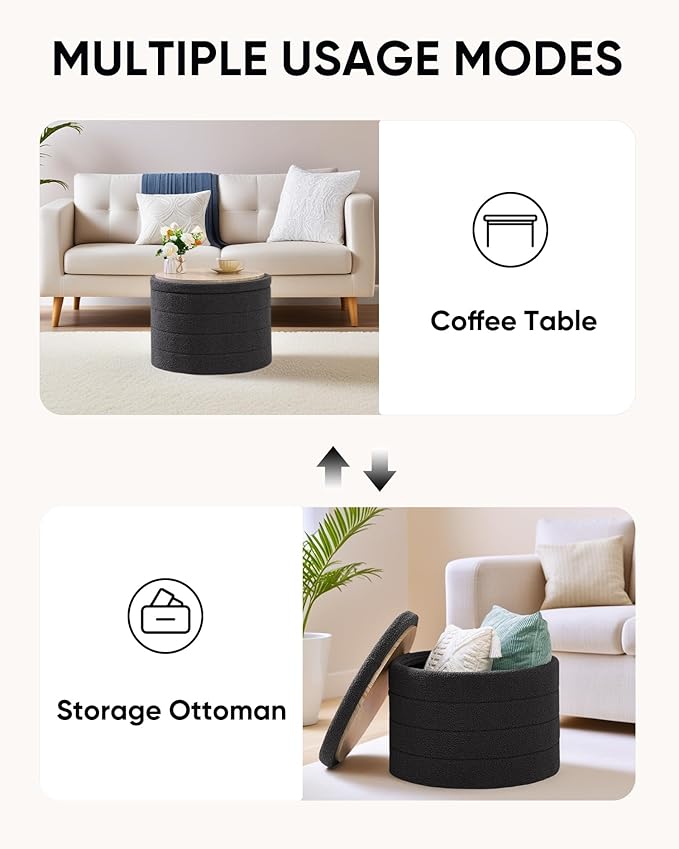 22 Inch Round Boucle Ottoman with Storage, Sherpa Teddy Fabric Ottoman Footstool, Folding Storage Foot Rest for Bedroom, Living Room Dorm, Darkgrey