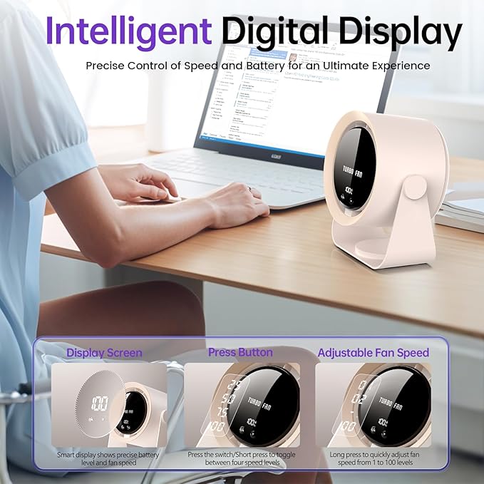 Desk Fan, USB Rechargeable Quiet Desktop Fan with 5400mAh Battery & LED Display, Adjustable Speed Control, 90° Tilt Head Hangable Table Fan for Office, Bedroom, Dorm, Kitchen (Pink)