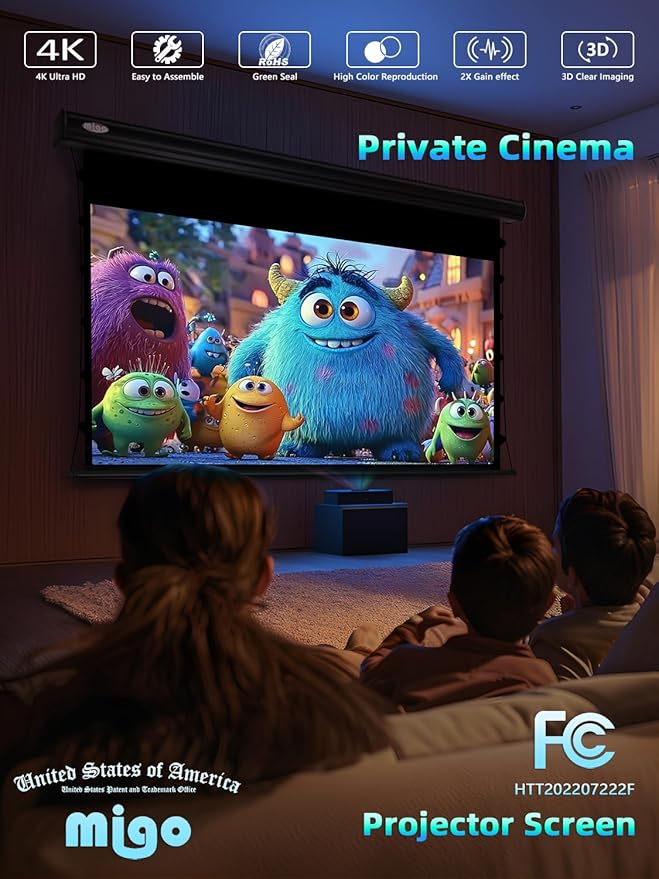 MIGO 120 Inch Motorized Projector Screen Pull Down,2.0 Gain Partial Ambient Light 4K HD TabTension Electric Projector Screen Wall/Ceiling Mount for UST Projector Indoor Home Theater Bar(Black Housing)
