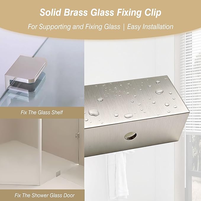 Solid Brass Glass Clamp – Fixed Mount Bracket Hardware Kit for 3/8" to 1/2" (10-12mm) Glass, Brushed Nickel