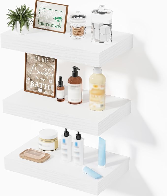 Floating Shelves, White Wooden Set of 3 Wall Mounted Bathroom Shelves Over Toilet, Modern Small Hanging Shelves for Bedroom Living Room Kitchen Home Decor Storage, 12" x 7" x 1.5"