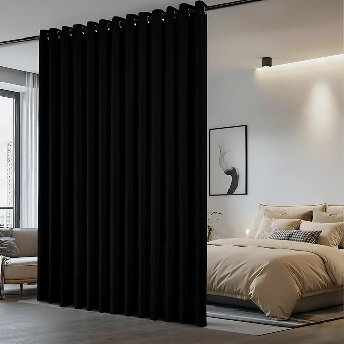 NICETOWN Closet Door Curtain, Room Dividers Panel Screens Partitions, Wide Width Grommet Top Modern Privacy Heavy Room Divider, Commercial Room Dividers (1 PCs, 7ft Tall x 15ft Wide, Black)