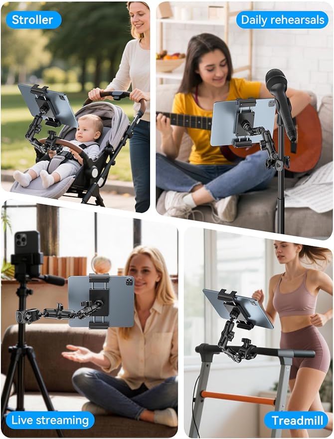 PLDHPRO Tablet Holder for Mic Stand,iPad Clamp Mount with Long Arm,360°Rotating Adjustable Tablet Mount for Microphone Stand,Fits 5.1"-15.6" iPad Pro 12.9, Galaxy,iPhone