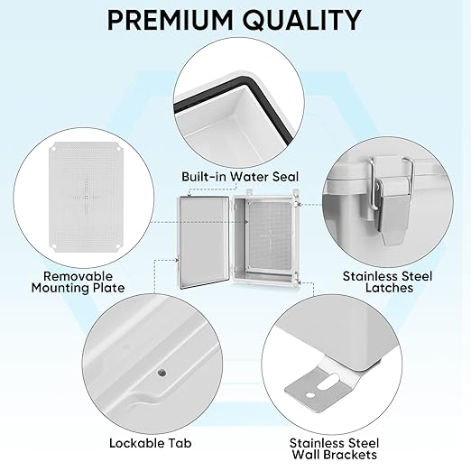 TICONN 2PK Outdoor Electrical Box Waterproof, Junction Box IP67 ABS Plastic Enclosure with Hinged Cover with Mounting Plate, Wall Brackets, Cable Glands (Off-White, 11"X7.5"X5.5")