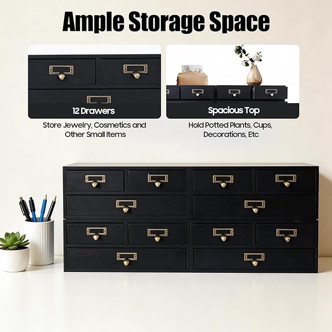 4 Packs Vintage Desktop Apothecary Cabinet with 3 Drawers, Vintage Desktop Organizer Wood Desktops Organizers Stackable Drawers Chest Drawer for Herb Storage Tea Collection Stationery (Black)