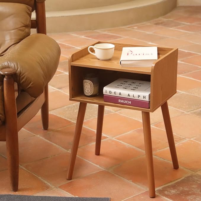 MaxSmeo Nightstands Set of 2, Mid Century Modern Side Table Bedroom with Storage, Small End Bedside Table Set of 2 with Solid Wood Legs for Living Room, Office Small Spaces (Brown)