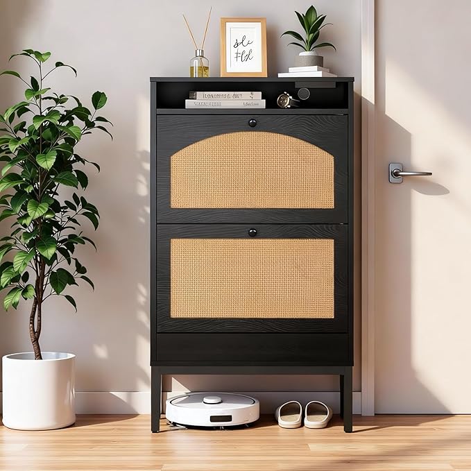 LUCKLIFE Shoe Cabinet with Charging Station, Flip Down Shoe Storage Organizer with Adjustable Shelves, Hidden Slim Shoe Rack with Anti-Tip Kit for Entryway or Hallway, Black Wood
